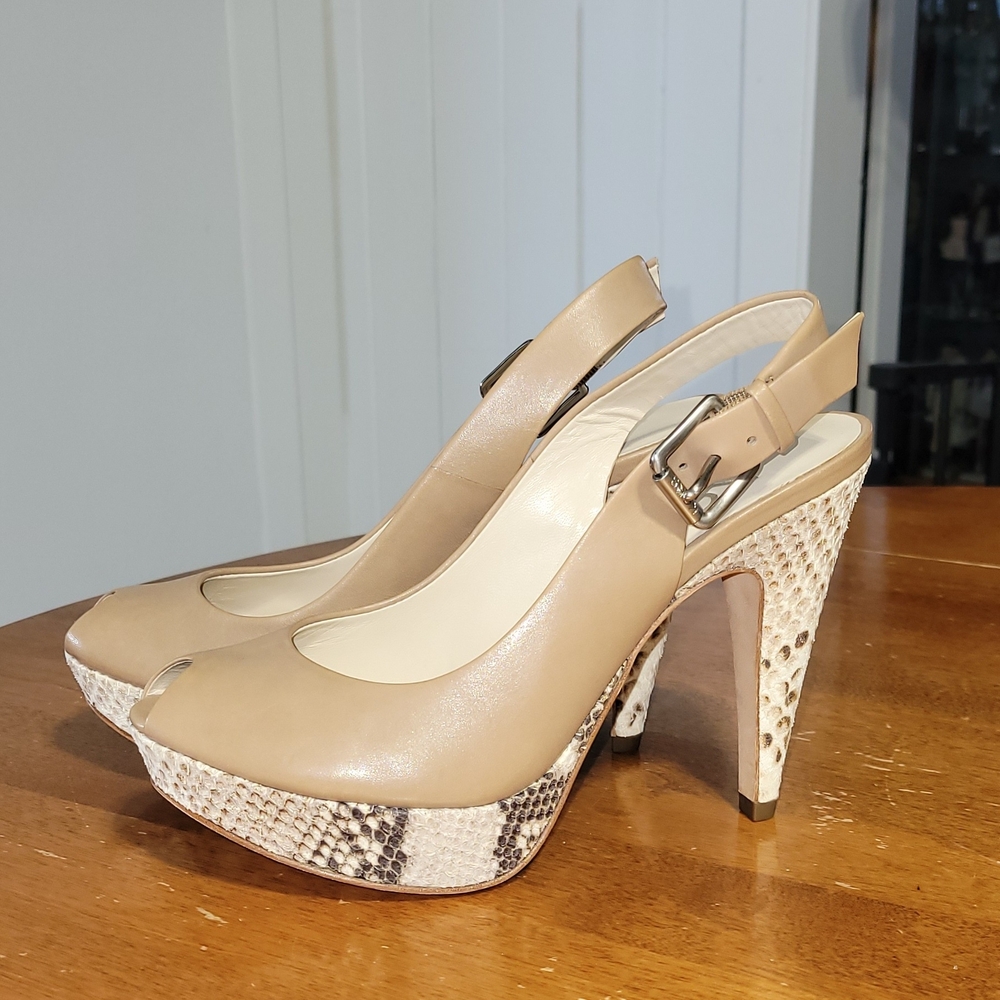 Michael Kors Tan and Snakeskin Peep-Toe Heels